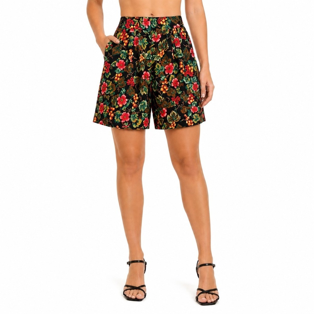Sz Lrg Cristin Stevens 1980's Floral High Waist Mom Shorts Culottes Tropical #87